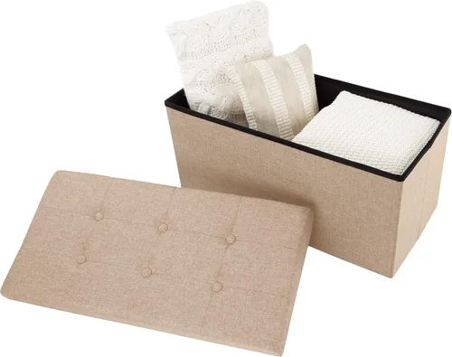 Miniatura 6 de Lavish Home Otomana plegable de almacenamiento, juego de 2 reposapiés copetudos de 30 pulgadas, baúl o banco de lino con contenedor extraíble