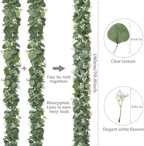Miniatura 3 de KHOYIME Guirnalda de Eucalipto con Flores Blancas, 4 Paquetes 5.9 Pies Hojas de Eucalipto Dólar de Plata Artificial Planta Vegetación Falsa 4 piezas