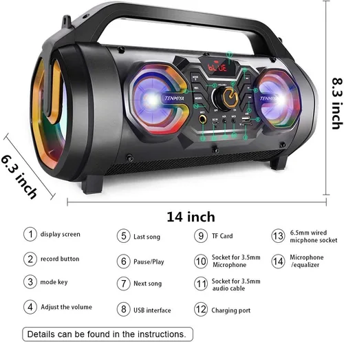 Miniatura 5 de Altavoz Bluetooth, Boombox Bluetooth portátil de 30 W con subwoofer, radio FM, luces coloridas RGB, ecualizador, sonido estéreo, graves potentes