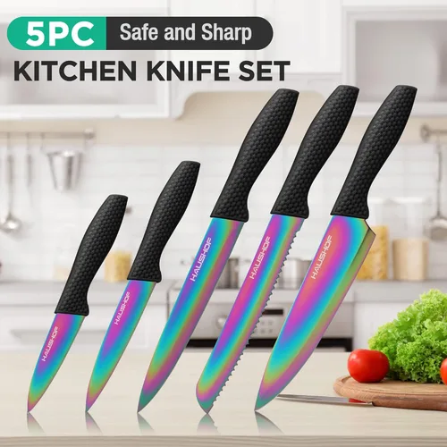 Miniatura 2 de HAUSHOF Juego de Cuchillos de Cocina, Juego de 5 Cuchillos Arcoíris con Bloque Acrílico, Juego de Cuchillos Negros con Revestimiento de Titanio
