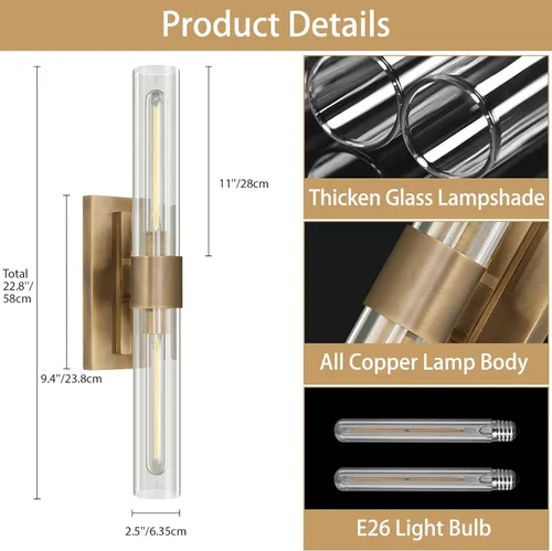 Miniatura 2 de YUYI Juego de dos apliques de pared de latón, 22.8'' apliques de baño dorados con pantalla de vidrio transparente, luces de pared de tocador