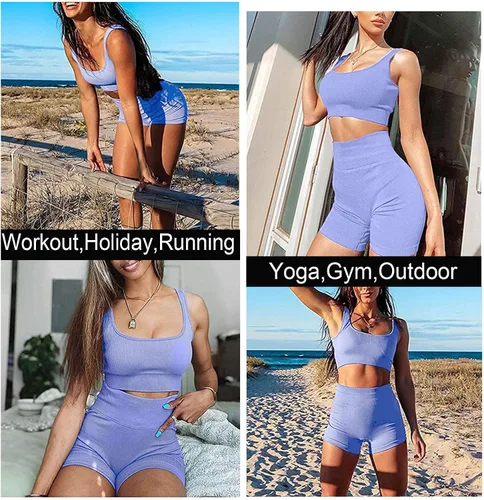 Miniatura 4 de TWFRHC - Conjuntos de entrenamiento para mujer con tirantes acanalados, 2 piezas, sin costuras, cintura alta, para gimnasio, pantalones cortos