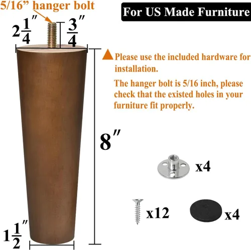 Miniatura 2 de Patas de sofá de madera de repuesto para muebles de 8 pulgadas, patas de tocador de mediados de siglo con pernos de 5/16 pulgadas, juego de 4