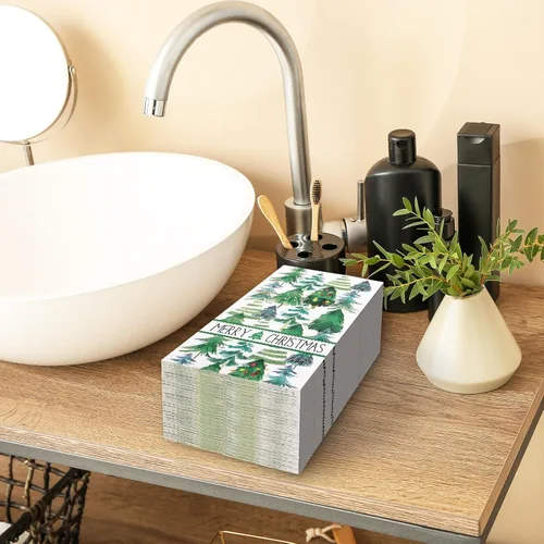 Miniatura 5 de Servilletas de Navidad para invitados de Navidad, árbol de Navidad, servilletas de papel desechables de 3 capas de acuarela verde para cena