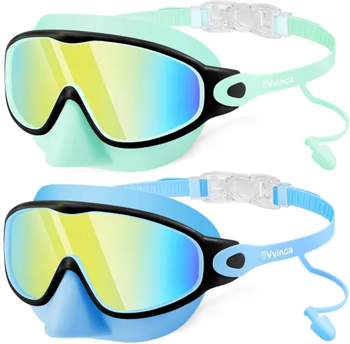 Miniatura 19 de Vvinca Gafas de natación para niños, con tapones para los oídos y clip para la nariz, visión amplia, antivaho y UV, para niños y niñas de 3 a 15 años