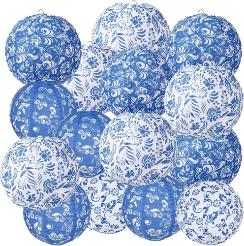 Lonfliness 15 linternas de papel chinoiserie de 10 pulgadas y 8 pulgadas de porcelana azul y blanca colgantes, decoración de fiesta, farol redondo