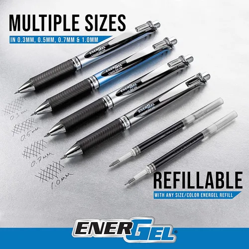 Miniatura 4 de Pluma retráctil Pentel EnerGel RTX, de lujo, con gel líquido, 0.7mm, trazo medio, punta fina, color azul, paquete de 6