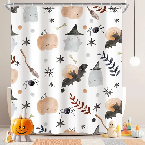 Cortina de ducha de Halloween para niños, 60 pulgadas de ancho x 72 pulgadas de largo, bonita cortina de ducha con diseño de fantasma, calabaza,