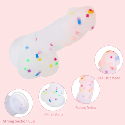Miniatura 3 de Consolador de silicona transparente de 8.2 pulgadas con forma de confeti y base de succión acampanada para uso con manos libres, consolador flexible