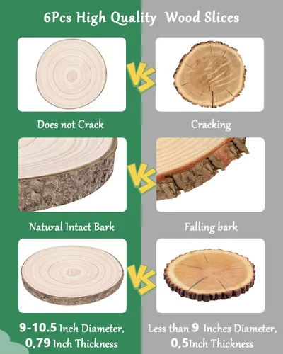 Miniatura 9 de Juego de 6 rebanadas de madera natural grandes de 9 a 10.5 pulgadas, para centros de mesa, bodas y baby shower, decoración de mesa, manualidades