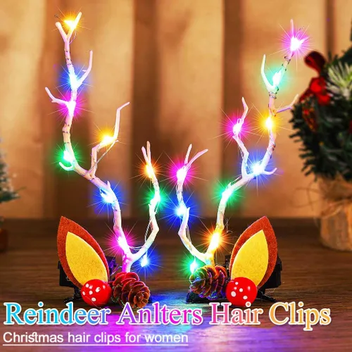 Miniatura 3 de BARTOSI Pinzas para el pelo de Navidad con luz LED, cuernos de reno, horquillas de Navidad, accesorios para el cabello para mujer (paquete de 2)