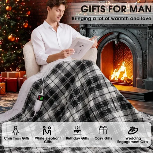 Miniatura 5 de Manta térmica negra eléctrica, manta térmica de 50 x 60 pulgadas con 10 niveles de calor y 8 horas de apagado automático, manta de sherpa suave a