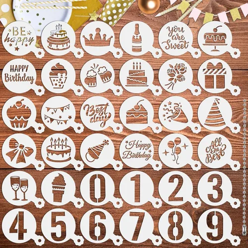 JULBEAR Plantillas de galletas de cumpleaños, 36 piezas reutilizables para decoración de café, plantillas para galletas, hornear, pintura,