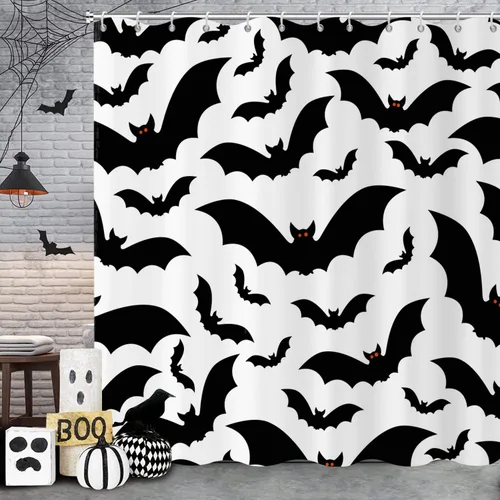 Miniatura 2 de Cortina de ducha de Halloween, con temática de Halloween, diseño de murciélago blanco y negro, decoración de fiesta de Halloween, tela impermeable