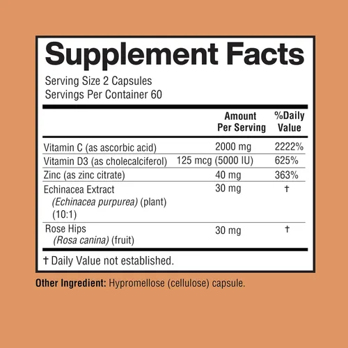 Miniatura 3 de Vitamina C 2000 mg por porción con zinc 40 mg y vitamina D3 5000 UI - Extracto de equinácea y rosa mosqueta - 120 cápsulas veganas, suministro