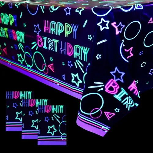 Miniatura 10 de Paquete de 3 suministros para manteles de fiesta que brillan en la oscuridad, mantel desechable de plástico neón, mantel rectangular con estampado
