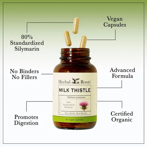 Miniatura 4 de Herbal Roots Cápsulas de cardo mariano Suplemento de hierbas de silimarina extra fuerte 80% Hecho con cardo de leche orgánico puro Vegano
