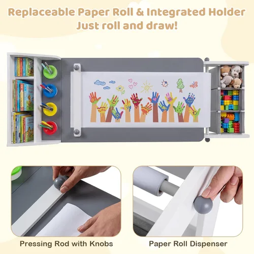 Miniatura 3 de Costzon Mesa y silla de arte para niños, mesa de madera para manualidades con rollo de papel y contenedores de tela para dibujar, leer, estudiar