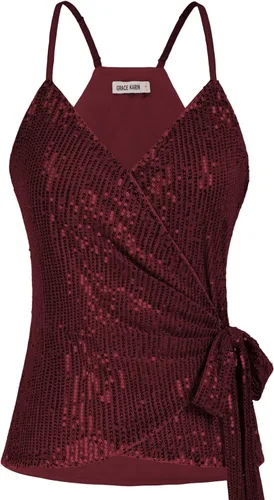 GRACE KARIN Camiseta de lentejuelas para mujer, camiseta sin mangas brillante con cuello en V, sexy, con lazo en la cintura, para fiesta, club,