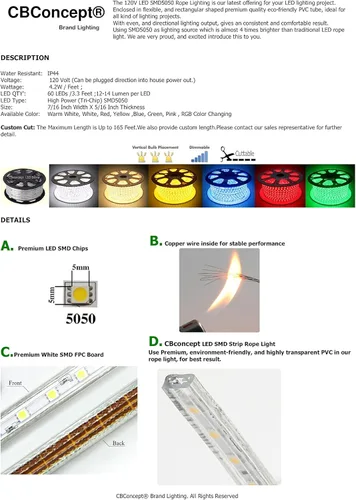 Miniatura 6 de CBconcept Listado UL, 65 pies, súper brillante, 18000 lúmenes, 3000 K blanco cálido, regulable, tira de luz LED plana flexible de 110-120 V CA, 1200