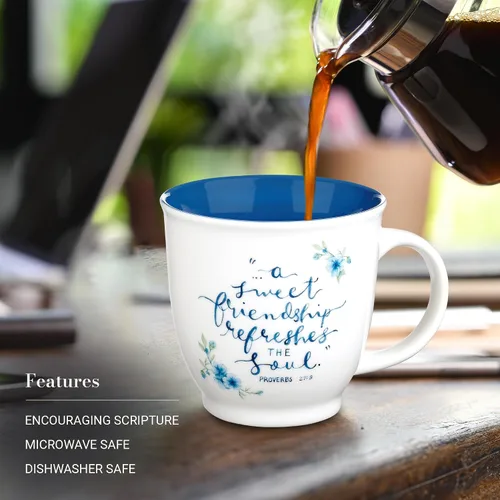 Miniatura 3 de Taza de cerámica de arte cristiano azul floral – 14 oz. Taza de café y té inspiradora con escrituras bíblicas apta para microondas y lavavajillas