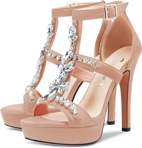 Miniatura 3 de CASTAMERE Sandalias de tacón alto con plataforma y punta abierta para mujer, estilo romano, diamantes de cristal, boda, fiesta, sexy, 5.1 pulgadas