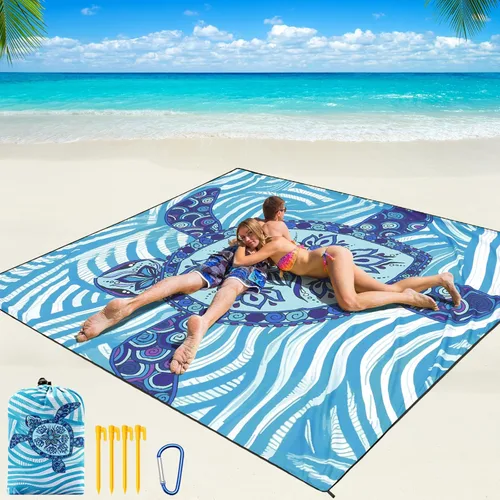 Miniatura 50 de WIWIGO Manta de playa impermeable a prueba de arena tapete de playa 79" X 83"/10'x9' para 2-8 adultos, de secado rápido, tapete de picnic al aire