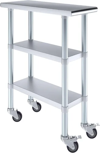 Miniatura 19 de AmGood Mesa de trabajo de acero inoxidable con 2 estantes y ruedas Mesa de trabajo de metal con ruedas