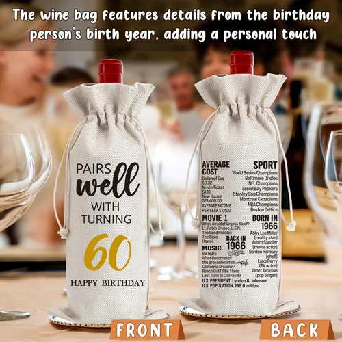 Miniatura 4 de Ideas de regalo de cumpleaños 60 para mujeres y hombres, decoración de fiesta de cumpleaños de 60 años, regalos de bolsa de vino, decoración