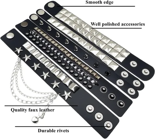Miniatura 5 de 5 pulseras de cuero para hombres y mujeres, punk, gótico, rock, con pinchos de los años 80, accesorios de metal con tachuelas, pulsera negra