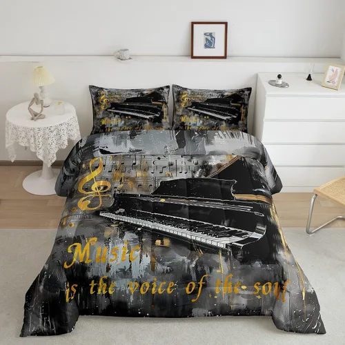 Homewish Piano Music Comforter Set King Size,Musical Notes Bedding Set 3Pcs for Kids Girls Boys Teens Room Decor,Retro Graffiti Grey Gold Down Multi