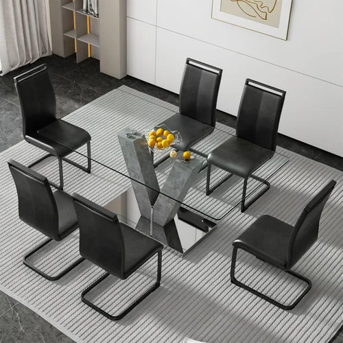 Miniatura 37 de Juego de mesa de comedor de vidrio de 71 pulgadas para 6, juego de mesa de comedor para 6, mesa de cocina moderna y 6 sillas de PU, parte superior 6