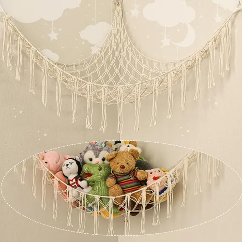 Hamaca Esquinera para Animales de Peluche, Red Grande de Juguetes de Peluche Tejida a Mano con Anillos de Madera | Almacenamiento Boho Lindo para