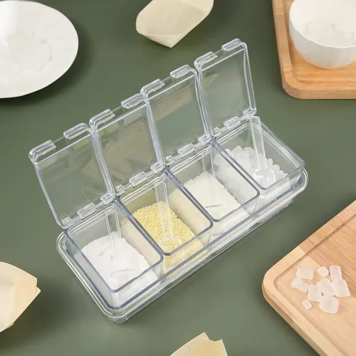 Miniatura 5 de Bokon Juego de 4 cajas de condimentos acrílicos con cucharas, 16 compartimentos, organizador de especias transparentes, recipientes de condimentos