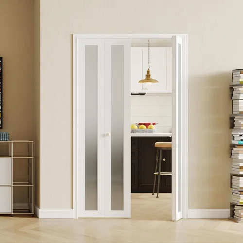 Miniatura 28 de Puerta plegable de 180 grados, para aberturas de 30 ″ x 80 ″, puerta plegable esmerilada blanca 3-Lite con bisagras, juego de herrajes para puertas