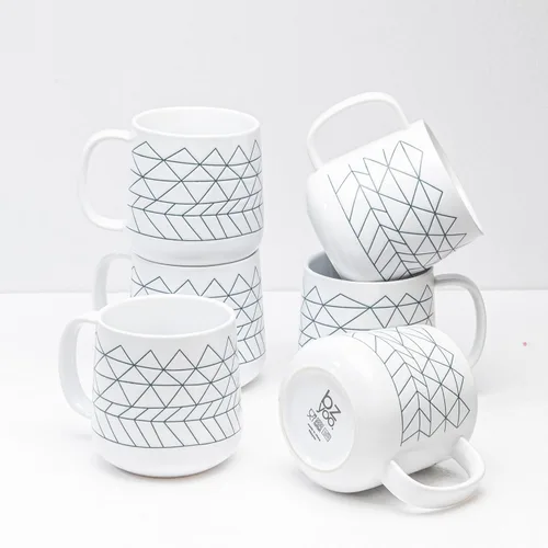 bzyoo Ceramics - Juego de 6 tazas de café de 14 onzas, juego de tazas de té con asa, aptas para microondas y lavavajillas, color blanco con tira