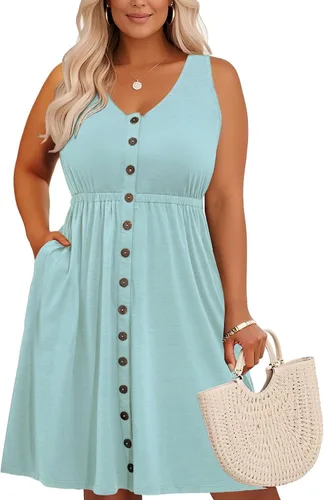 Miniatura 46 de Holipick Vestidos de verano para mujer, talla grande, casual, con bolsillos, acampanado, con botones, sin mangas, cuello en V