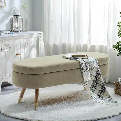 Miniatura 11 de IAFIKE Banco de almacenamiento ovalado de 43.5" Banco otomano tapizado de tela bouclé Banco reposapiés con patas de metal dorado, extremo de cama