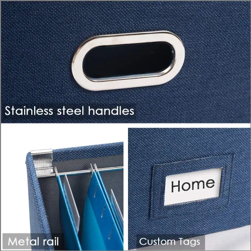 Miniatura 6 de PRANDOM Caja organizadora de archivos, juego de 2 carpetas plegables decorativas de lino para almacenamiento de archivos colgantes con tapas, Azul
