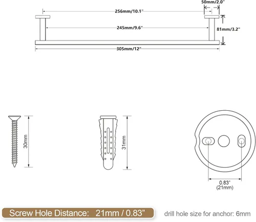 Miniatura 6 de SEIDO Toallero con 9.6 pulgadas de longitud utilizable, barra de toalla negra de acero inoxidable 304 para pared de baño, toalleros de una pieza