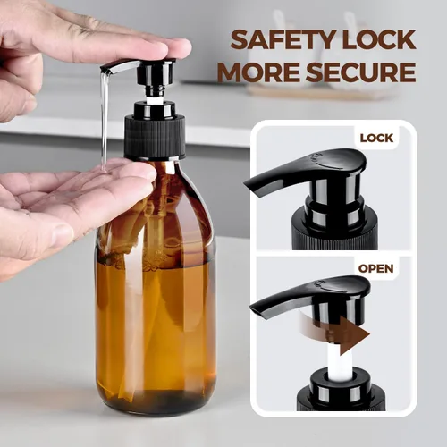 Miniatura 3 de Botella de bomba de vidrio ámbar de 8 onzas, botella dispensadora de jabón de vidrio de 8.5 fl oz para aceite de masaje de loción corporal