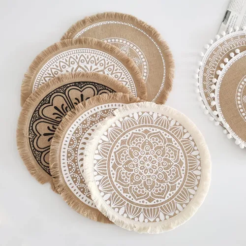 Miniatura 4 de Juego de 6 manteles individuales para mesa de cocina, manteles individuales redondos hechos a mano con flecos, para comedor, cocina, manteles