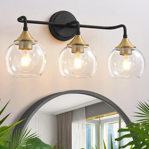 Miniatura 10 de Lámpara de Tocador de Baño Dorada con Pantalla de Vidrio Transparente, Base E26, Luminarias de Baño de 2 Luces Sobre Espejo, Luces de Tocador de 14