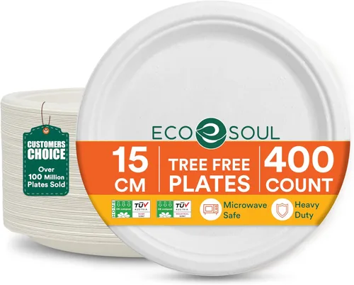 Miniatura 28 de ECO SOUL Compostable Paper Plates 9 Inch, 500 Pack – Heavy Duty Disposable Dinner Paper Plates, White Bagasse, Leak-Resistant, Microwave Safe