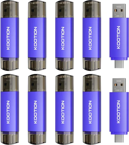 16GB Type-C Flash Drive 10-Pack, KOOTION 2-in-1 USB-A&USB-C 2.0 Dual Drive OTG, Memory Stick for Android Smartphone/Tablet/PC
