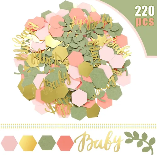 Miniatura 2 de 220 piezas de decoración de mesa de confeti para baby shower con eucalipto verde salvia dorado papel neutro de confeti disperso forma hexagonal