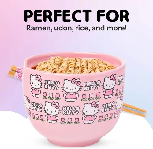 Miniatura 4 de Silver Buffalo Sanrio Hello Kitty Tazón de cerámica para ramen y arroz con diseño de flores, con palillos, apto para microondas, 20 onzas