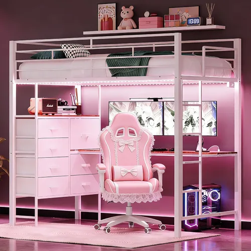 Miniatura 14 de VINGLI Base de cama individual de metal con barandilla de seguridad de 15 pulgadas, escalera antideslizante, 2 estaciones de carga, escritorio