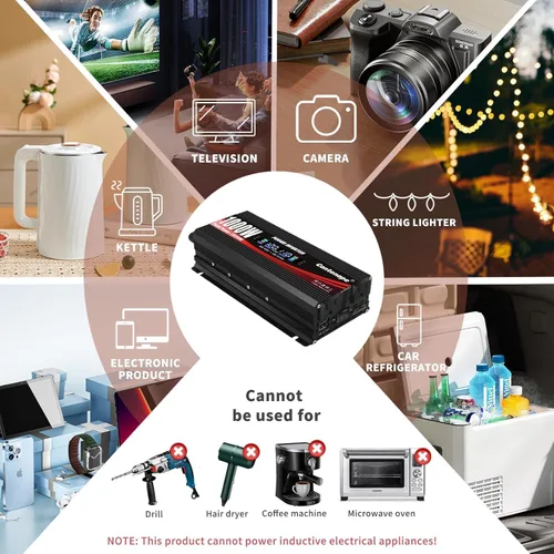 Miniatura 6 de Cantonape 1000W/2000W (Peak) - Inversor de corriente de auto DC 12 V a 110 V AC convertidor con pantalla LCD enchufe AC Dual y cargador USB dual