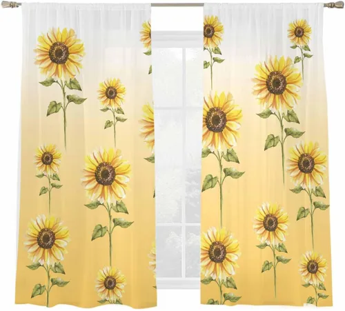 Miniatura 2 de Juego de 2 paneles de cortinas de girasol de 63 pulgadas de largo, cortinas traslúcidas amarillas con bolsillo para barra, cortinas de cocina